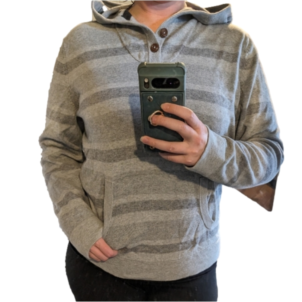 American Rag Pullover Grey‎ Striped Mens size L Henley style with Hood